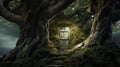 House inside tree. Deep in a distant, mysterious forest an enchanting fairy tree home. AI Generative