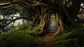 House inside tree. Deep in a distant, mysterious forest an enchanting fairy tree home. AI Generative Royalty Free Stock Photo