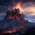 A house inside a volcano beside the ice mountain Royalty Free Stock Photo