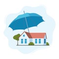 House insurance concept. Real estate protection, flat cartoon house protected under umbrella, home safety, security. Vector Royalty Free Stock Photo