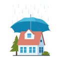 House insurance concept. Real estate protection, flat cartoon house protected under umbrella, home safety, security. Vector Royalty Free Stock Photo