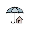 House insurance, umbrella with real estate protection flat color line icon.