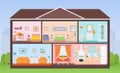 House interior cutaway with rooms. Vector illustration in flat d