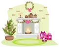 House interior in Easter style. Fireplace with decorative houses, the tree is decorated with bunnies and eggs with