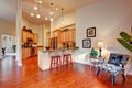 House interior with high ceiling. Kitchen area