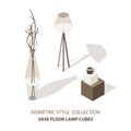 House interior isometric icons set with cube table vase and lamp isolated vector illustration