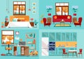 House interior 4 rooms. Inside front views of kitchen, living room, bedroom, nursery. Furnishing interior home rooms. Interior Royalty Free Stock Photo