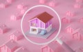 House isometric pastel color with magnifying glass concept for house advertisement or looking to buy house.3d rendering