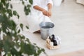 House keeping concept. Woman wiping floor. Woman doing chores at home. Royalty Free Stock Photo