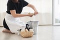 House keeping concept. Woman wiping floor. Woman doing chores at home. Royalty Free Stock Photo