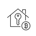 House, key and bitcoin symbol. Secure cryptocurrency transactions. Blockchain enabled property market. Pixel
