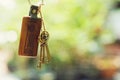 House key with home keyring in keyhole with blur green garden background, property concept Royalty Free Stock Photo