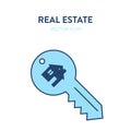 House key icon. Vector illustration of a key with a small house image on it representing purchase of real estate, home, apartment Royalty Free Stock Photo