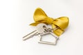 House key with red bow on white background Royalty Free Stock Photo