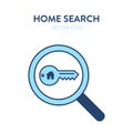 House key search icon. Vector illustration of a magnifier tool and a home key with a home icon on it. Represents concept of Royalty Free Stock Photo