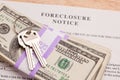 House Keys, Stack of Money and Foreclosure Notice Royalty Free Stock Photo