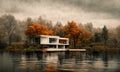 House on the lake at autumn, desaturated, digital illustration