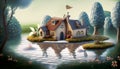 house by the lake fairy tale drawing Royalty Free Stock Photo