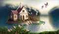 house by the lake fairy tale drawing Royalty Free Stock Photo