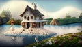 house by the lake fairy tale drawing Royalty Free Stock Photo