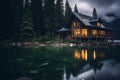 House on lake by forest Royalty Free Stock Photo