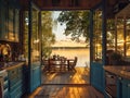 House with lake view, deck furniture, wood table, chairs Royalty Free Stock Photo