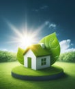 house on a lawn, green energy concept, leaf behind, back light at sunset, 3d render Royalty Free Stock Photo