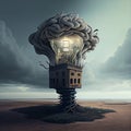 House with a light bulb and brain, brainstroming for an idea and innovation, think outside the box, creative mind, generative AI Royalty Free Stock Photo