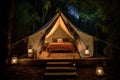 luxury tent light glamping travel camping nature canvas forest vacation. Generative AI.