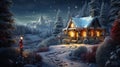 House with lights in winter forest at Christmas night, landscape of lone chalet, decorations and snow. Scenery of cottage, path Royalty Free Stock Photo