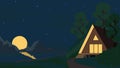 House with the lights on, in the woods, next to the lake. A night with a big moon coming out from behind the mountains Royalty Free Stock Photo