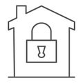 House with lock thin line icon, smart home concept, House under protection vector sign on white background, home
