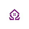 Purple omega house roof and window symbol, for a building business with the initials omega.