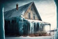 house with long icicle on house covering frozen windows Royalty Free Stock Photo