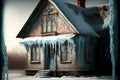 house with long icicle on house covering frozen windows Royalty Free Stock Photo