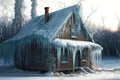 House with long icicle on house covering frozen windows Royalty Free Stock Photo