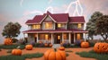 A House With A Lot Of Pumpkins In Front Of It. Generative AI Royalty Free Stock Photo