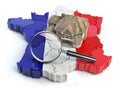 House and loupe on the map of France in colors of french flag. S