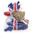 House and loupe on the map of UK Great Britain in colors of australian flag. Search a house for buying or rent concept. Real