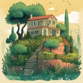 A house and lush garden on a hill Royalty Free Stock Photo