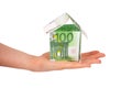 House made from euro bills in female's hand Royalty Free Stock Photo