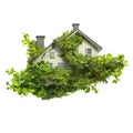 A house made of green leaves floating in the air, isolated on a white, transparent background. Green flying house as a Royalty Free Stock Photo