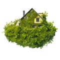 A house made of green leaves floating in the air, isolated on a white, transparent background. Green flying house as a Royalty Free Stock Photo