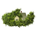 A house made of green leaves floating in the air, isolated on a white, transparent background. Green flying house as a Royalty Free Stock Photo