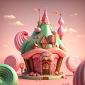 A house made of marshmallows and caramel with candy in the background.Candyland.AI generated