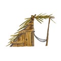 A house made of wood, sticks and branches of palm trees isolated on a white background. Watercolor illustration of a hut Royalty Free Stock Photo