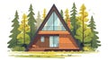 House made of wooden A-frames in a forest. Triangle-shaped summer house, holiday house with comfortable terrace Royalty Free Stock Photo