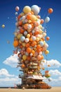 A house with many balloons floating in the air, AI