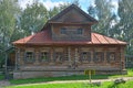 house of merchants Agapov of 19th century with carved platbands in museum of wooden architecture in Suzdal, Russia