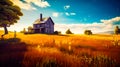 House in the middle of field with blue sky in the background. Generative AI Royalty Free Stock Photo